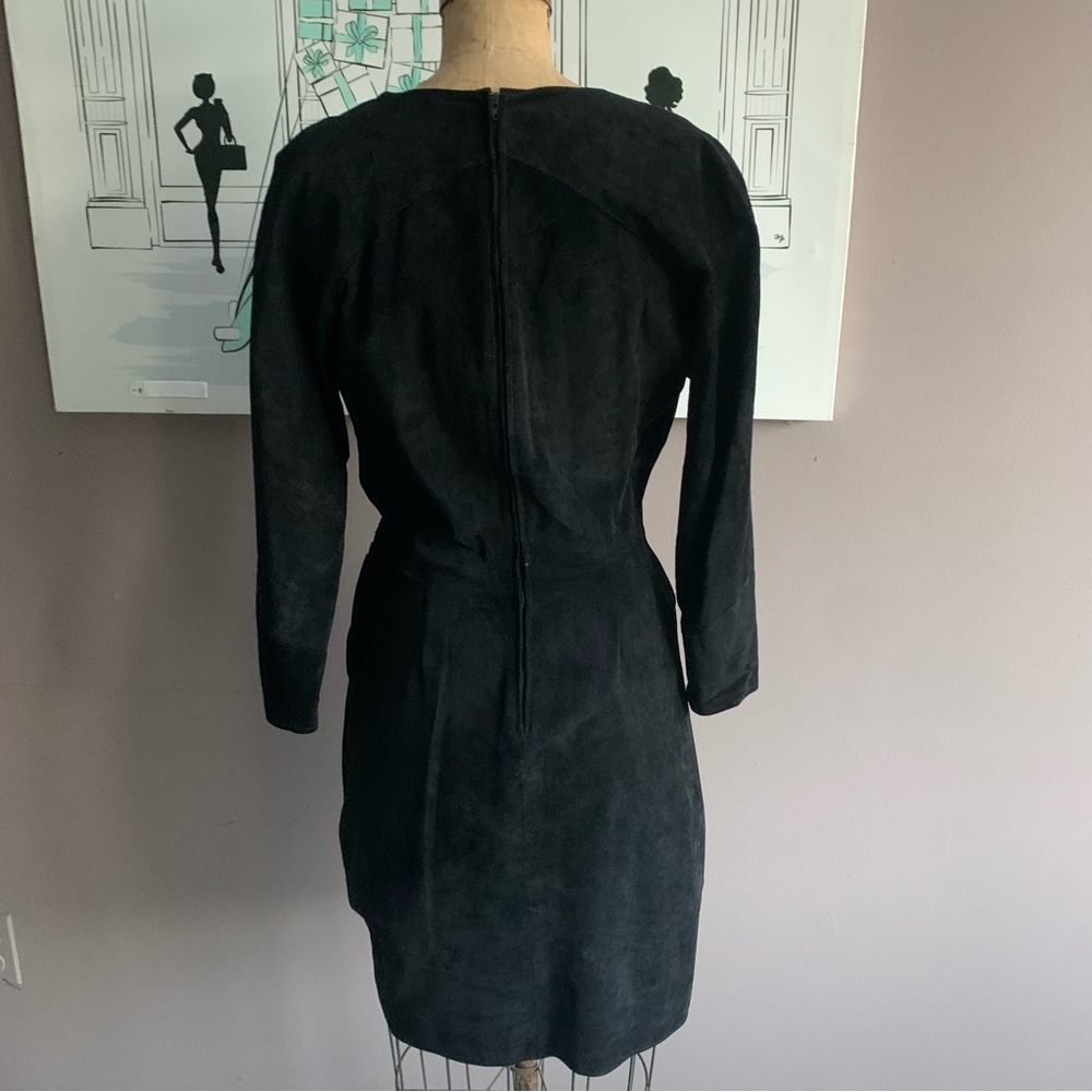 Vintage Black Suede Firenze Santa Barbara Bodycon V Neck Dress, Small - Picture 5 of 11